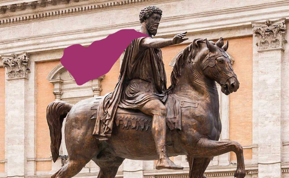 Statue of Marcus Aurelius wearing a poorly Photoshopped purple cape