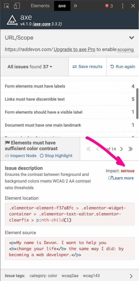 "Impact" indicator in the Axe plugin for Chrome