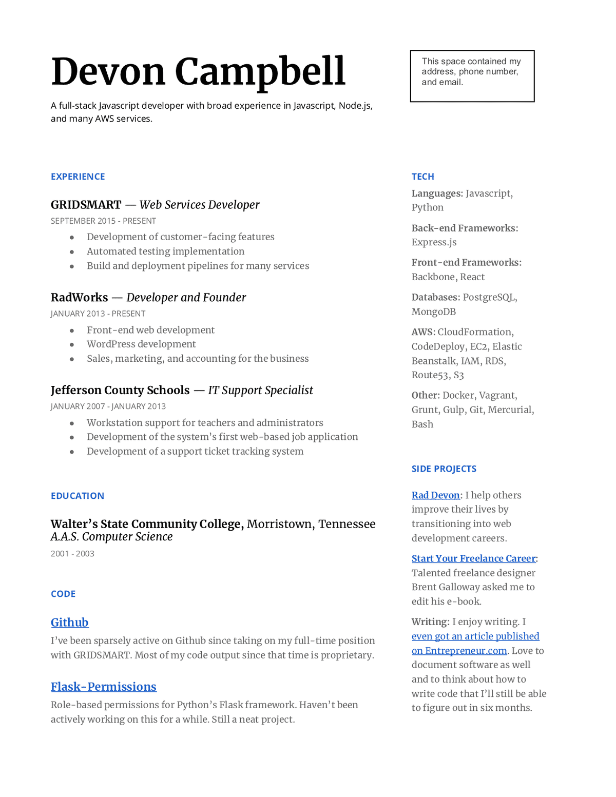 Résumé I submitted with my most recent job application